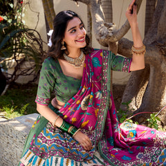 Women's Tusser Silk Floral Print Lehenga Choli with Foil Work & Gotta Patti Dupatta