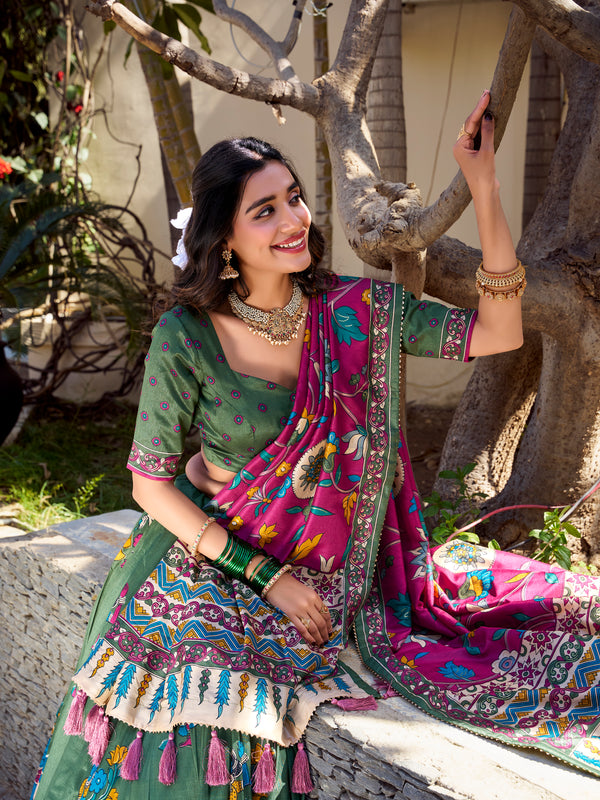 Women's Tusser Silk Floral Print Lehenga Choli with Foil Work & Gotta Patti Dupatta