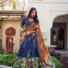 Women's Tusser Silk Floral Print Lehenga Choli with Foil Work & Gotta Patti Dupatta