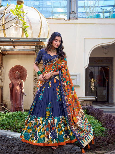 Women's Tusser Silk Floral Print Lehenga Choli with Foil Work & Gotta Patti Dupatta