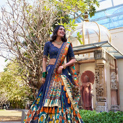 Women's Tusser Silk Floral Print Lehenga Choli with Foil Work & Gotta Patti Dupatta