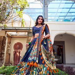 Women's Tusser Silk Floral Print Lehenga Choli with Foil Work & Gotta Patti Dupatta