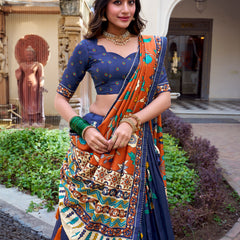 Women's Tusser Silk Floral Print Lehenga Choli with Foil Work & Gotta Patti Dupatta