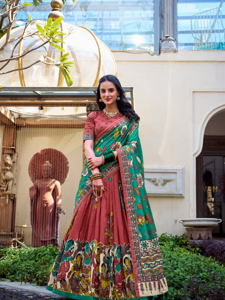 Women's Tusser Silk Floral Print Lehenga Choli with Foil Work & Gotta Patti Dupatta