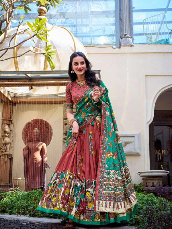 Women's Tusser Silk Floral Print Lehenga Choli with Foil Work & Gotta Patti Dupatta
