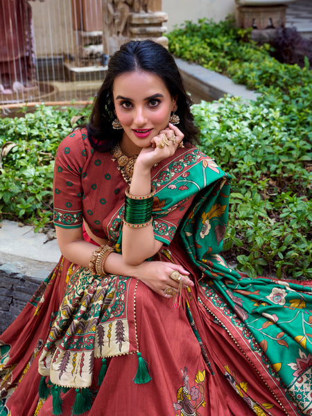 Women's Tusser Silk Floral Print Lehenga Choli with Foil Work & Gotta Patti Dupatta