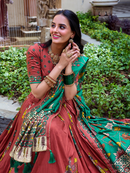Women's Tusser Silk Floral Print Lehenga Choli with Foil Work & Gotta Patti Dupatta