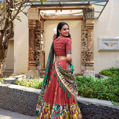 Women's Tusser Silk Floral Print Lehenga Choli with Foil Work & Gotta Patti Dupatta