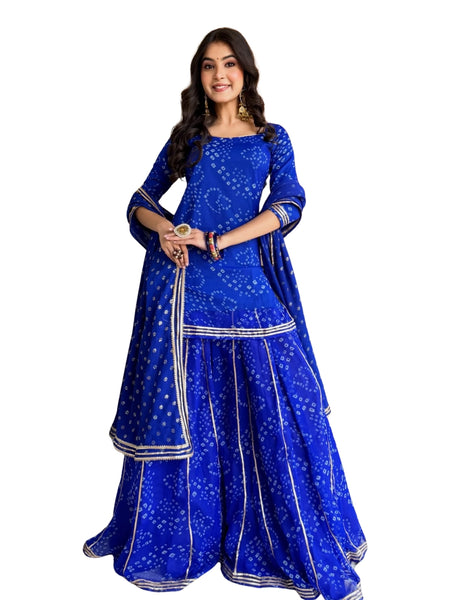 Women's Printed Georgette Silk Short Kurta with Heavy Sharara & Digital Print Dupatta Set