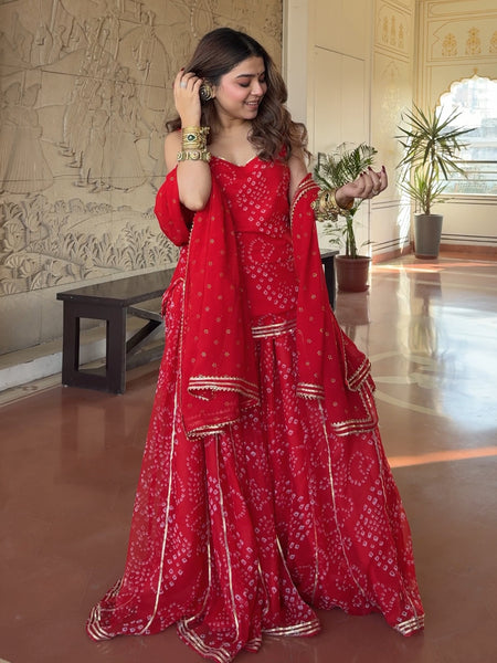 Women's Printed Georgette Silk Short Kurta with Heavy Sharara & Digital Print Dupatta Set