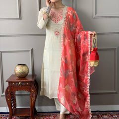 Women's Cream Gold Chanderi Silk Embroidered Straight Kurta with Pant & Silk Printed Dupatta Set