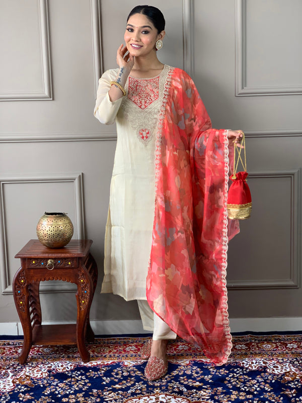 Women's Cream Gold Chanderi Silk Embroidered Straight Kurta with Pant & Silk Printed Dupatta Set