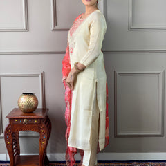 Women's Cream Gold Chanderi Silk Embroidered Straight Kurta with Pant & Silk Printed Dupatta Set