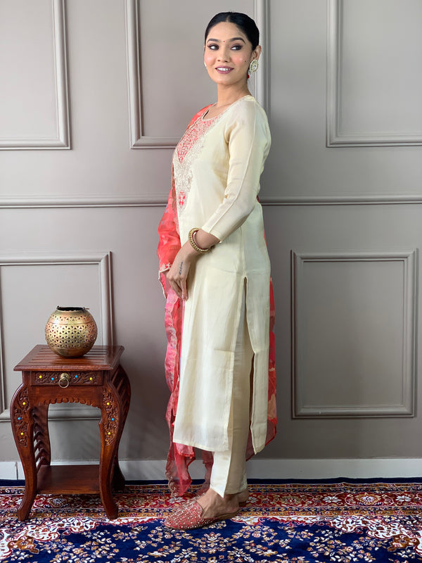 Women's Cream Gold Chanderi Silk Embroidered Straight Kurta with Pant & Silk Printed Dupatta Set
