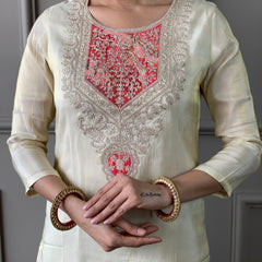 Women's Cream Gold Chanderi Silk Embroidered Straight Kurta with Pant & Silk Printed Dupatta Set