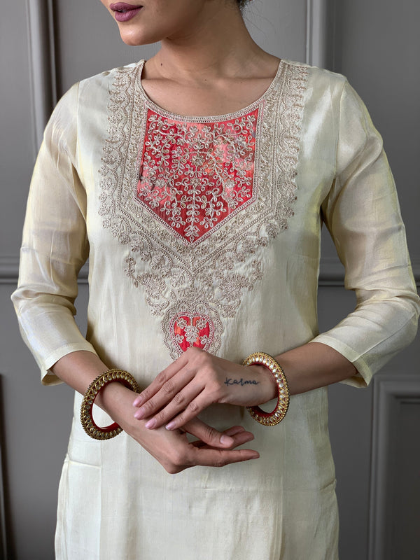 Women's Cream Gold Chanderi Silk Embroidered Straight Kurta with Pant & Silk Printed Dupatta Set