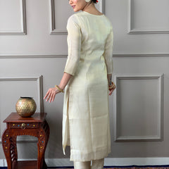 Women's Cream Gold Chanderi Silk Embroidered Straight Kurta with Pant & Silk Printed Dupatta Set