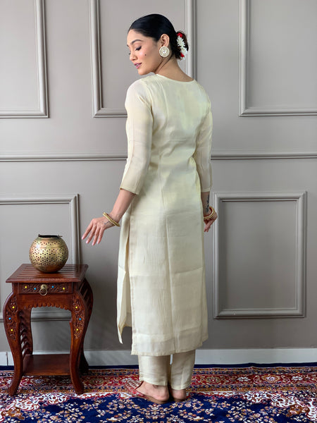 Women's Cream Gold Chanderi Silk Embroidered Straight Kurta with Pant & Silk Printed Dupatta Set