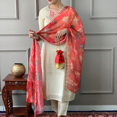 Women's Cream Gold Chanderi Silk Embroidered Straight Kurta with Pant & Silk Printed Dupatta Set