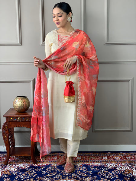 Women's Cream Gold Chanderi Silk Embroidered Straight Kurta with Pant & Silk Printed Dupatta Set