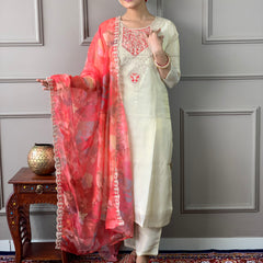 Women's Cream Gold Chanderi Silk Embroidered Straight Kurta with Pant & Silk Printed Dupatta Set