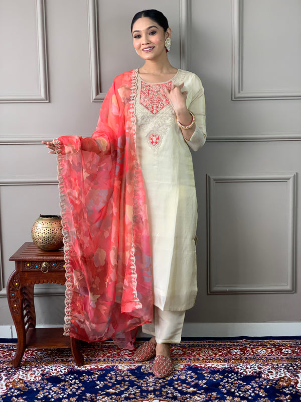 Women's Cream Gold Chanderi Silk Embroidered Straight Kurta with Pant & Silk Printed Dupatta Set