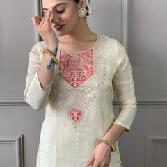 Women's Cream Gold Chanderi Silk Embroidered Straight Kurta with Pant & Silk Printed Dupatta Set