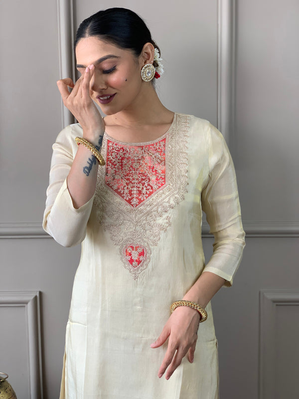 Women's Cream Gold Chanderi Silk Embroidered Straight Kurta with Pant & Silk Printed Dupatta Set