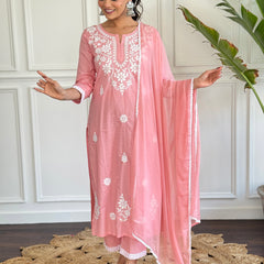 Women's Peach Pure Cotton Embroidered Lakhnavi Work Straight Kurta with Pure Cotton Pant & Laced Dupatta Set