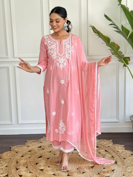 Women's Peach Pure Cotton Embroidered Lakhnavi Work Straight Kurta with Pure Cotton Pant & Laced Dupatta Set