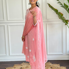 Women's Peach Pure Cotton Embroidered Lakhnavi Work Straight Kurta with Pure Cotton Pant & Laced Dupatta Set