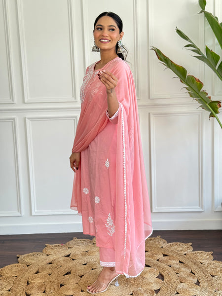 Women's Peach Pure Cotton Embroidered Lakhnavi Work Straight Kurta with Pure Cotton Pant & Laced Dupatta Set