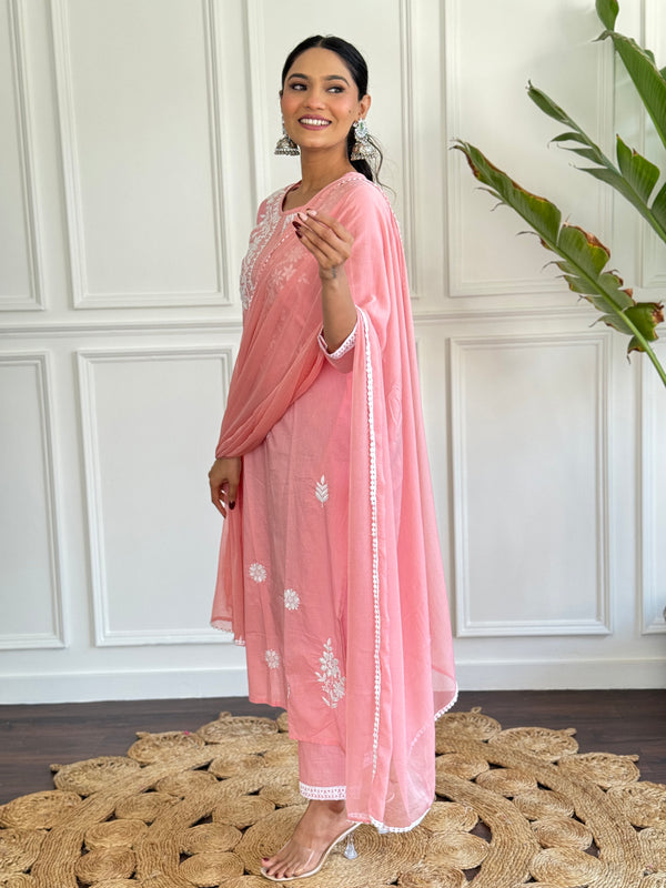 Women's Peach Pure Cotton Embroidered Lakhnavi Work Straight Kurta with Pure Cotton Pant & Laced Dupatta Set
