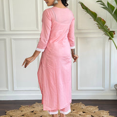 Women's Peach Pure Cotton Embroidered Lakhnavi Work Straight Kurta with Pure Cotton Pant & Laced Dupatta Set