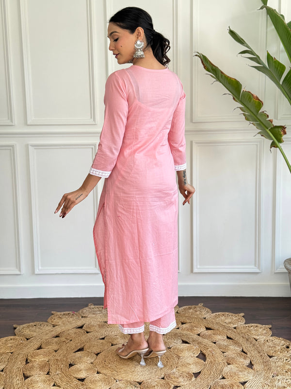 Women's Peach Pure Cotton Embroidered Lakhnavi Work Straight Kurta with Pure Cotton Pant & Laced Dupatta Set