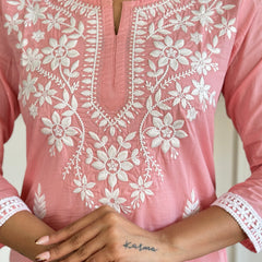 Women's Peach Pure Cotton Embroidered Lakhnavi Work Straight Kurta with Pure Cotton Pant & Laced Dupatta Set
