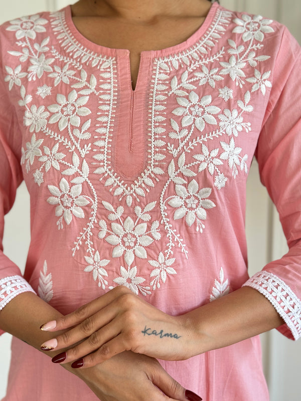 Women's Peach Pure Cotton Embroidered Lakhnavi Work Straight Kurta with Pure Cotton Pant & Laced Dupatta Set