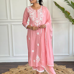 Women's Peach Pure Cotton Embroidered Lakhnavi Work Straight Kurta with Pure Cotton Pant & Laced Dupatta Set