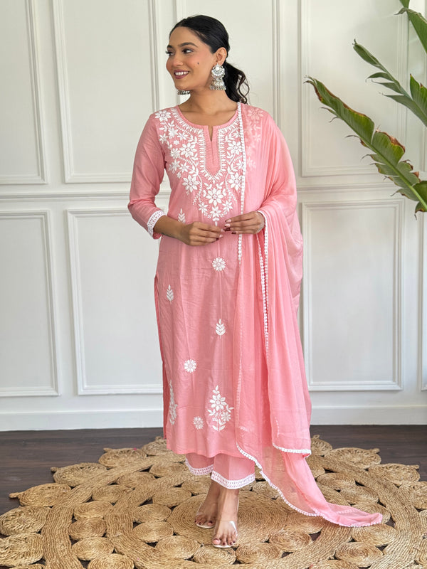 Women's Peach Pure Cotton Embroidered Lakhnavi Work Straight Kurta with Pure Cotton Pant & Laced Dupatta Set