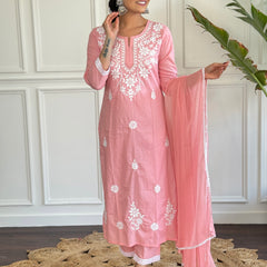 Women's Peach Pure Cotton Embroidered Lakhnavi Work Straight Kurta with Pure Cotton Pant & Laced Dupatta Set