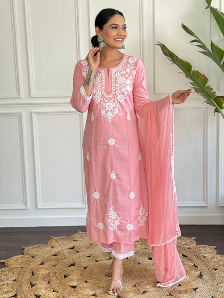 Women's Peach Pure Cotton Embroidered Lakhnavi Work Straight Kurta with Pure Cotton Pant & Laced Dupatta Set
