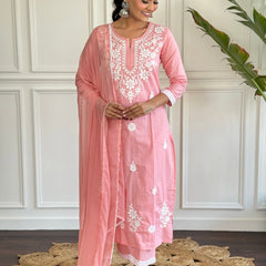 Women's Peach Pure Cotton Embroidered Lakhnavi Work Straight Kurta with Pure Cotton Pant & Laced Dupatta Set