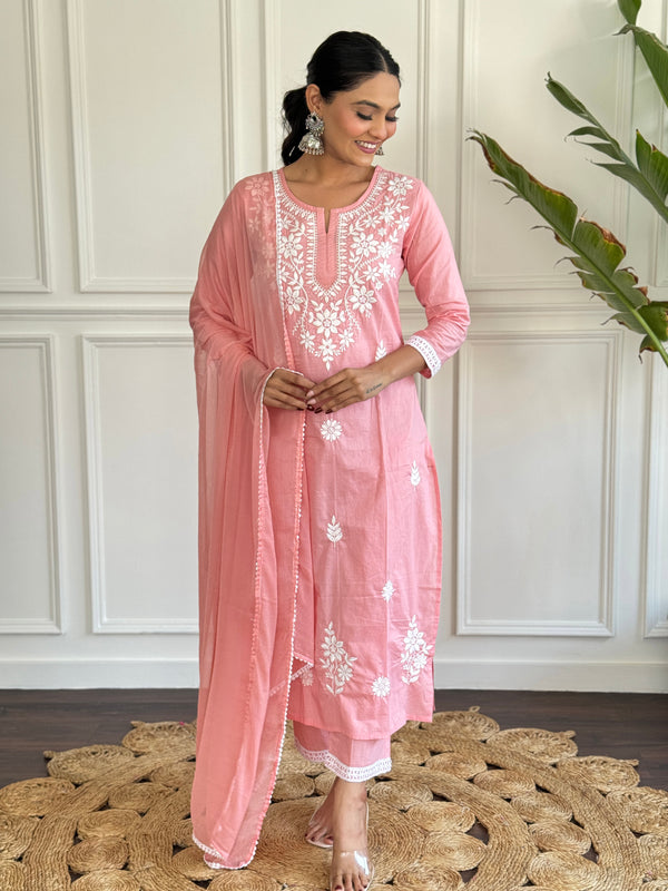 Women's Peach Pure Cotton Embroidered Lakhnavi Work Straight Kurta with Pure Cotton Pant & Laced Dupatta Set