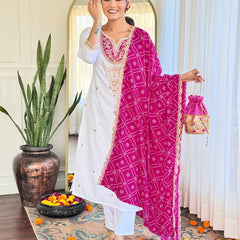 Women's BSY Viscose Embroidered Straight Kurta with Pant & Silk Blend Dupatta Set