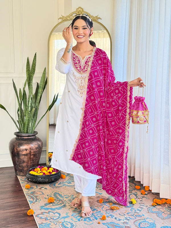 Women's BSY Viscose Embroidered Straight Kurta with Pant & Silk Blend Dupatta Set