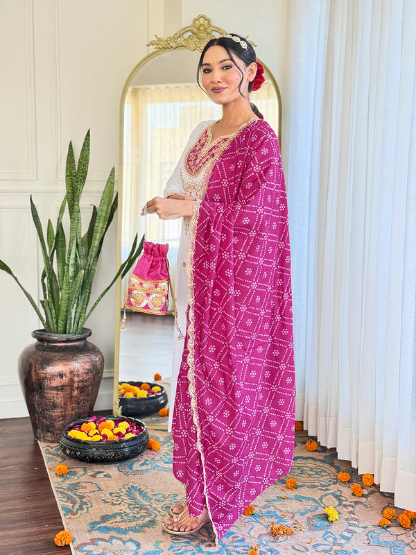 Women's BSY Viscose Embroidered Straight Kurta with Pant & Silk Blend Dupatta Set