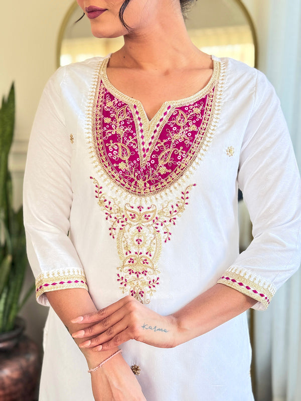 Women's BSY Viscose Embroidered Straight Kurta with Pant & Silk Blend Dupatta Set