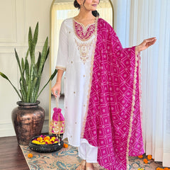 Women's BSY Viscose Embroidered Straight Kurta with Pant & Silk Blend Dupatta Set