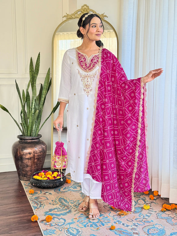 Women's BSY Viscose Embroidered Straight Kurta with Pant & Silk Blend Dupatta Set