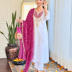 Women's BSY Viscose Embroidered Straight Kurta with Pant & Silk Blend Dupatta Set